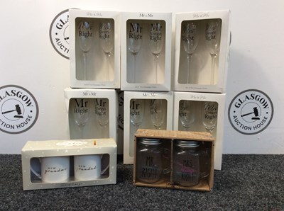 Lot 47 - 8 Pairs Of Mr & Mrs Champagne Flutes - New