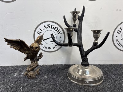 Lot 53 - Antler Candle Holder & Bronze Owl - Used