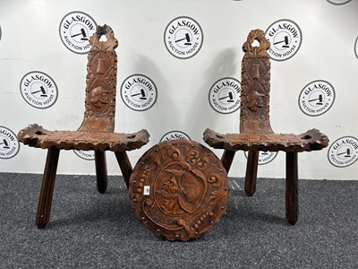 Lot 197 - Two Carved Wooden Chairs & Wall Hanging Piece - Used