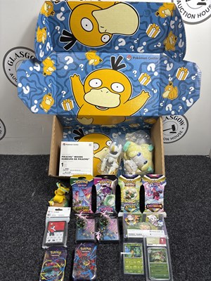 Lot 156 - Pokemon Center Special Delivery Box Featuring 2025 Amoonguss Reverse Foil Grade 9 Mint Slab, Pikachu Moods Figurine, 2 Pokemon Plush & More. *All Packs Open* - Used