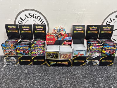 Lot 86 - 6 Pokemon Mega Evolution Booster Display (18 Booster Packs Per Box) & 1 Enhanced Booster Display Box (36 Booster Packs Worth of Cards) *All Packs Open* - Used