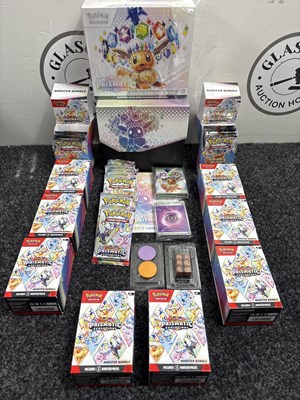 Lot 104 - 10 Scarlet & Violet Prismatic Evolutions Booster Display (6 Booster Packs Per Box) & 1 Prismatic Evolutions Elite Trainer Box inc 6 Booster Packs & Players Guide Book *All Packs Open* - Used