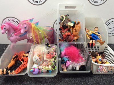 Lot 175 - Bundles of small lol dolls and trolls and 2 kids horses.