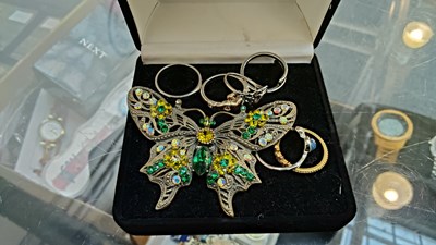 Lot 131 - 6 rings and a butterfly brooch in case