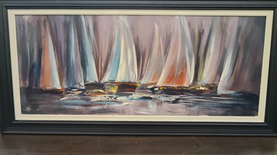 Lot 69 - New Large framed modern sail boat picture approx 55" x 27" - minor damage to corner of frame
