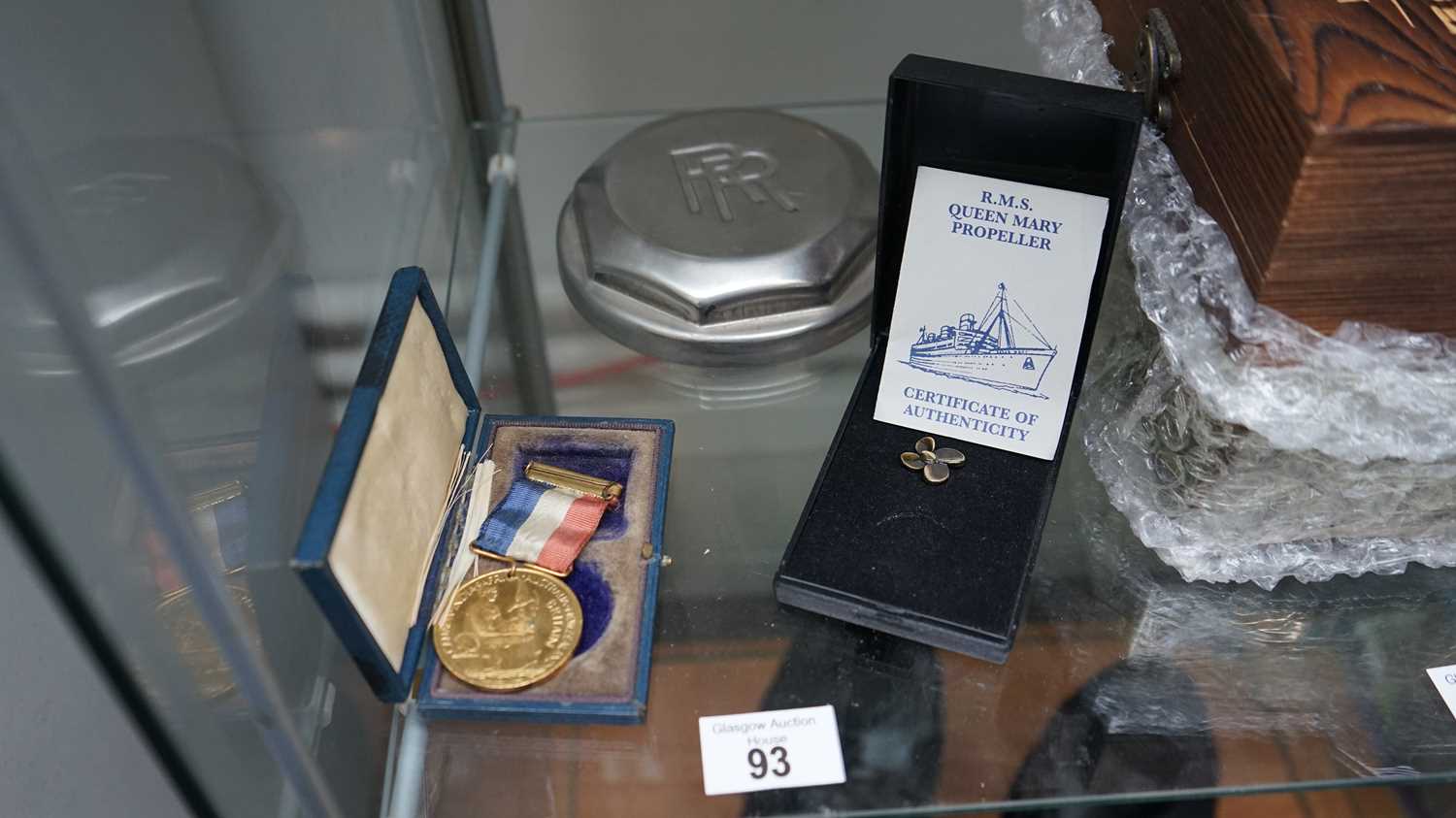 Lot 93 - Queen Mary Propeller, War Medal & Rolls Royce Badge