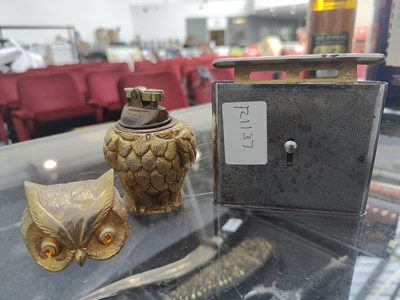 Lot 175 - Owl lighter in gold finish with removable head & Silver finish cigarette holder