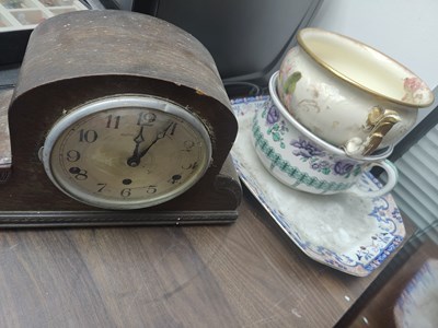 Lot 166 - 2 ceramic bed pots, ceramic trey and mantle clock