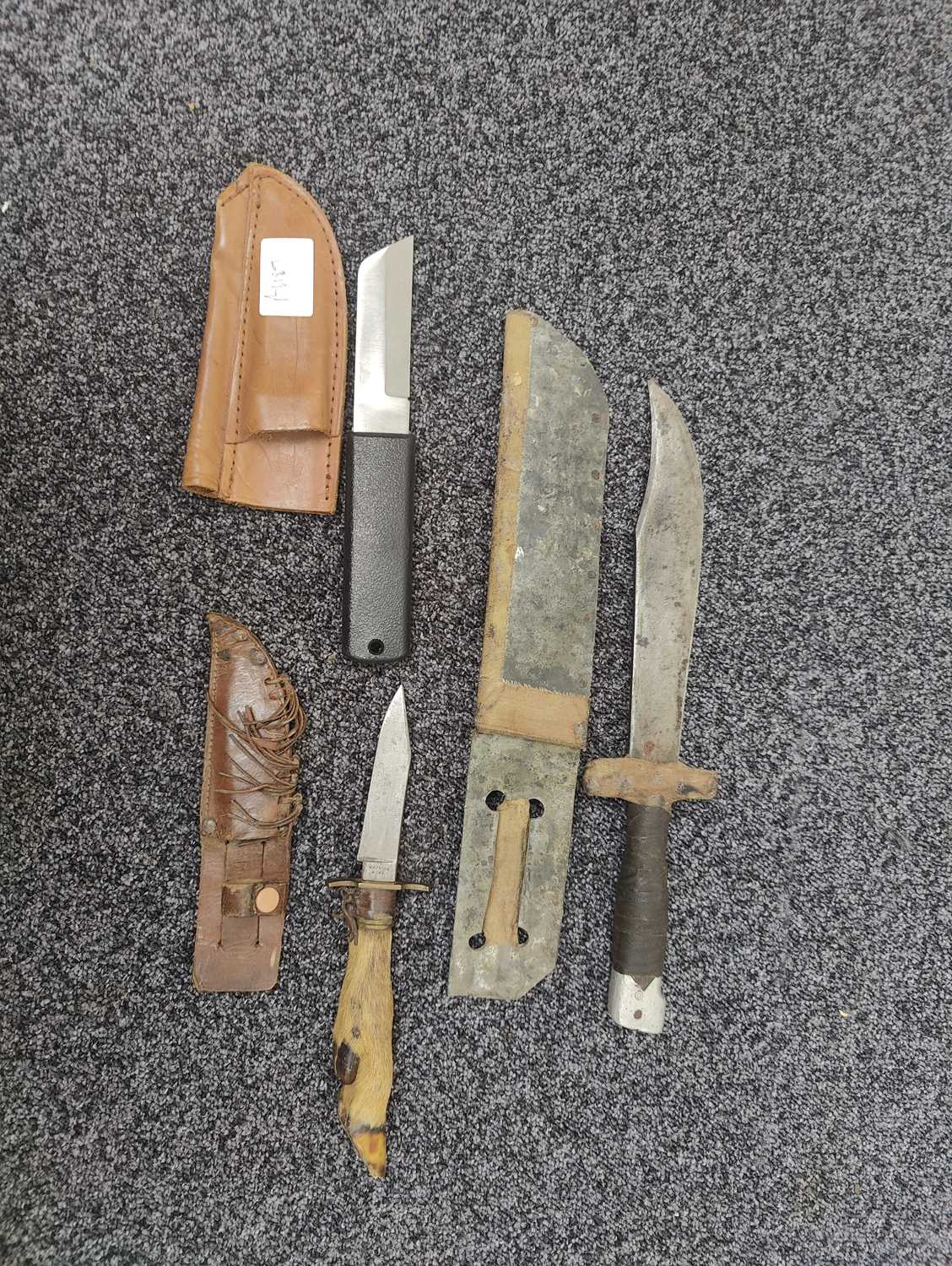 Lot 132 - 3 hunting knives. Deer handle, hand made scabbard and another