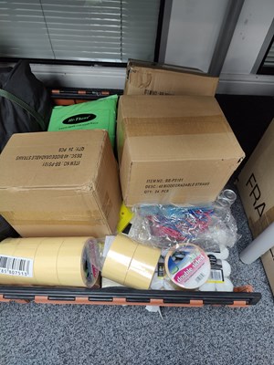 Lot 194 - Crate of tape and other items ideal for markets