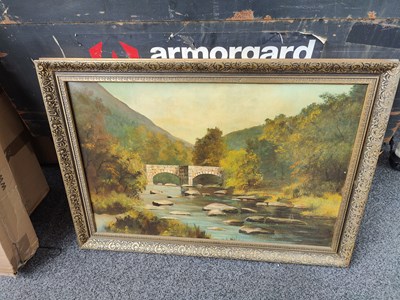 Lot 206 - Scenic river and bridge picture in ornate frame