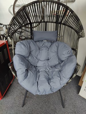 Lot 43 - Rattan style large garden egg chair with cushion in grey fabric