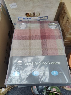 Lot 38 - Red checked lined ring top curtains
