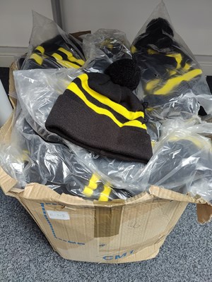 Lot 52 - Box of black and yellow hats with bobbles