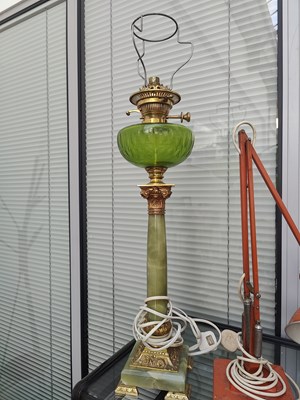 Lot 164 - Green onyx converted paraffin lamp to electric