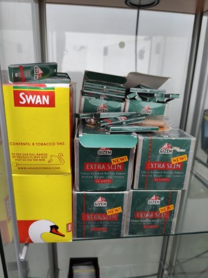 Lot 105 - Large qty of asstd smoking supplies including papers and tins